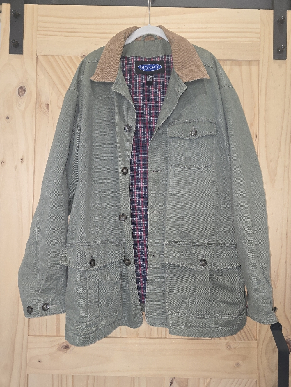 Old Navy Men's L Olive Green Barn Jacket Chore Coat with Tan Cord Collar & Cuffs